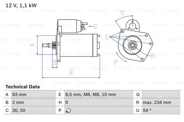 Startmotor Bosch - VW - Caddy, Polo, Golf iii, Lupo, Vento. Seat - Ibiza, Cordoba, Inca, Arosa - OE 036911023S,036911023SX,036911025B
