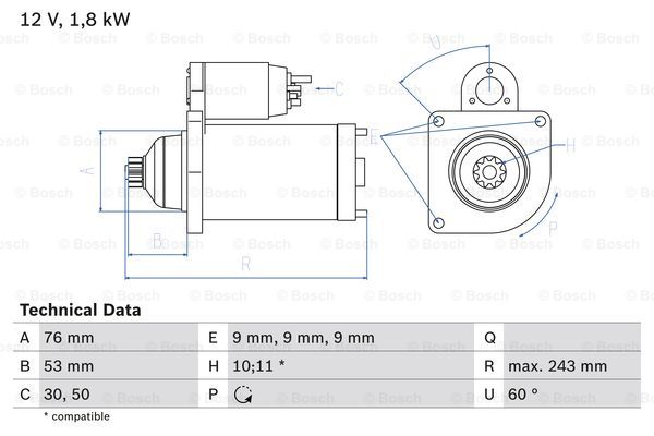 Startmotor Bosch - VW - T4 transporter, T4 transporter syncro - OE 02B911023J,02B911023L,02B911023DX,02B911023D,02B911023N,02B911023LX,02B911023NX