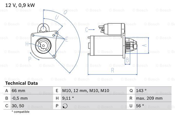 Startmotor Bosch - Renault - Clio, Megane, Trafic, Scenic, Laguna, Grand scenic, Espace, Grand espace, Scénic rx4. Opel - Vivaro. Nissan - Primastar