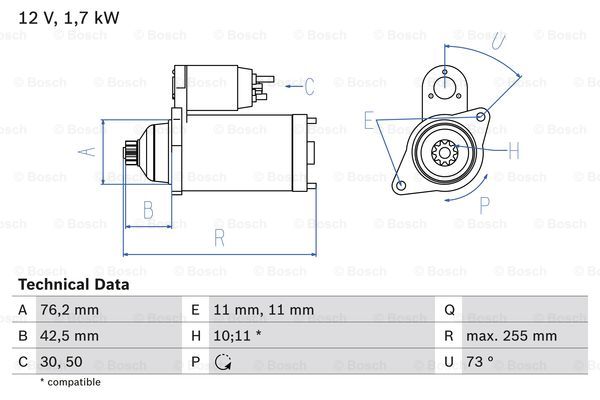 Startmotor Bosch - VW - Skoda - Audi - Seat - OE 02E911023HX,02E911023H