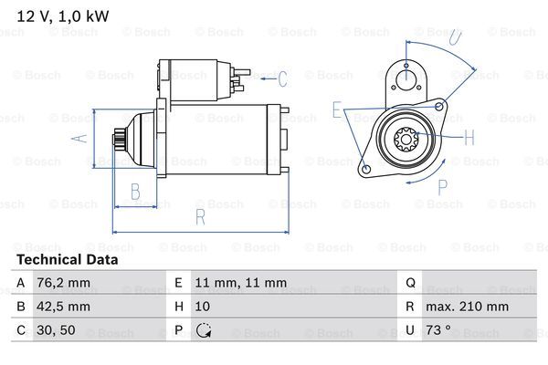 Startmotor Bosch - VW - Golf v, Touran, Golf plus, Scirocco, Cross-touran, Jetta v, Cross-golf. Audi - A3, Tt. Seat - Leon, Altea, Altea freetrack