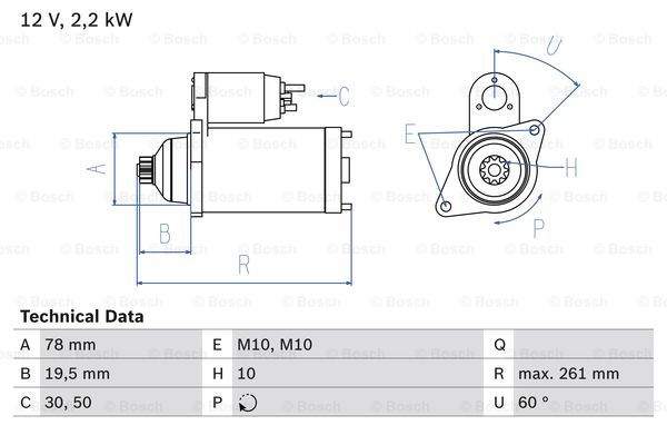 Startmotor Bosch - Kia - Sorento. Hyundai - H1 - OE 361004A010,361004A000