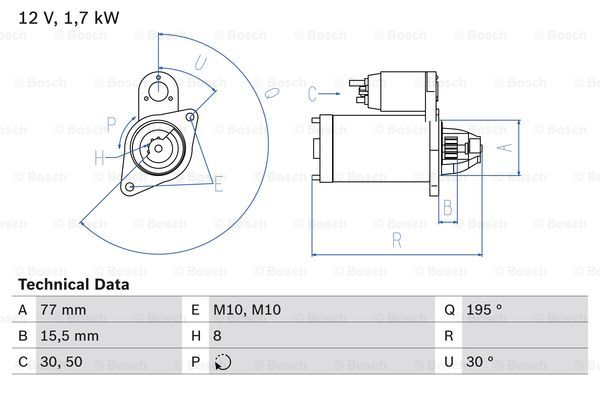 Startmotor Bosch - Kia - Ceed, Rio, Picanto, Venga, Soul, Carens, Cerato. Hyundai - I30, I20, I10, Getz, Ix20, Accent, Matrix