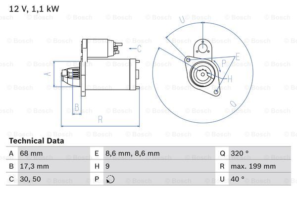 Startmotor Bosch - Opel - Astra, Corsa, Combo, Vectra, Insignia, Zafira, Meriva, Signum. Chevrolet - Cruze, Orlando. Alfa romeo - 159. Fiat - Croma