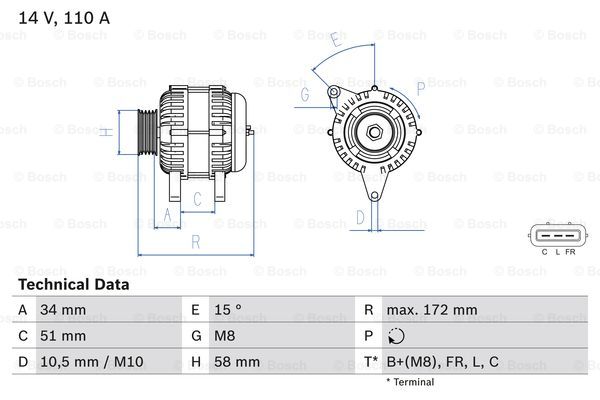 Generator Bosch - Kia - Sportage, Ceed, Venga. Hyundai - I30, Ix35 - OE 373002B600