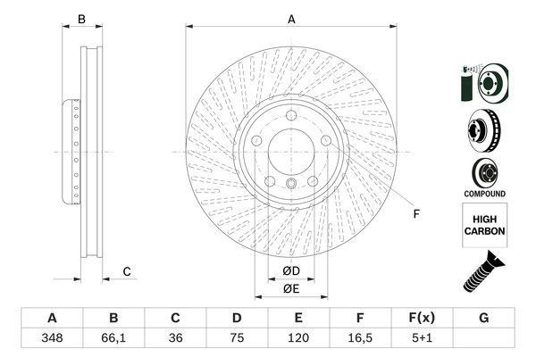 Bromsskiva Bosch - BMW - 5-SERIE-serie, 5-serie f07, 6-serie, 7-serie, F12 - OE 34116898729,34116785669