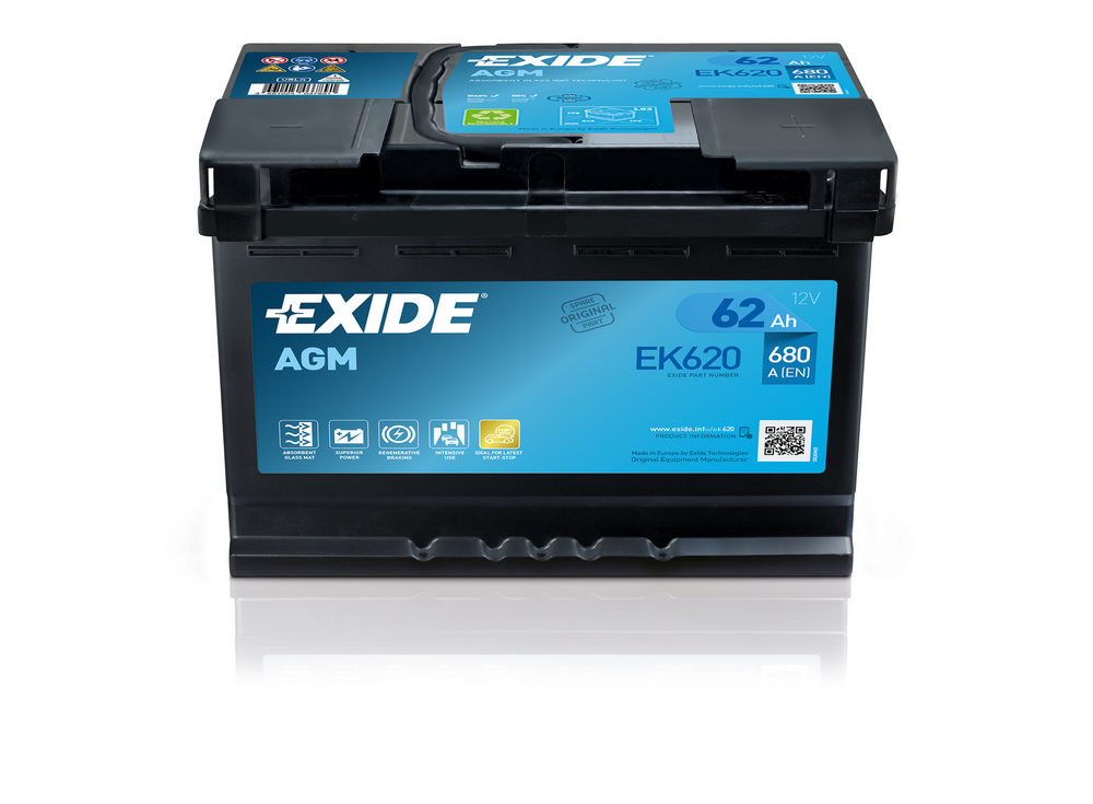 Exide AGM EK620 Start-Stop 62 Ah - Bilbatteri / Startbatteri - VW - Toyota - Skoda - Audi - Renault - Mercedes - Kia - Peugeot