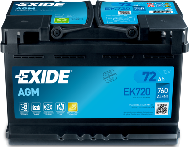 Exide AGM EK720 Start-Stop 72 Ah - Bilbatteri / Startbatteri - Volvo - VW - Mercedes - Audi - Renault - Skoda - BMW - Peugeot