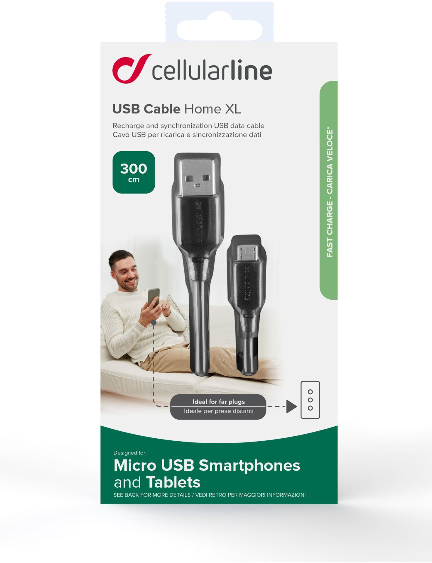 Cellularline ladekabel USB-A til mikro-USB 3 m - svart