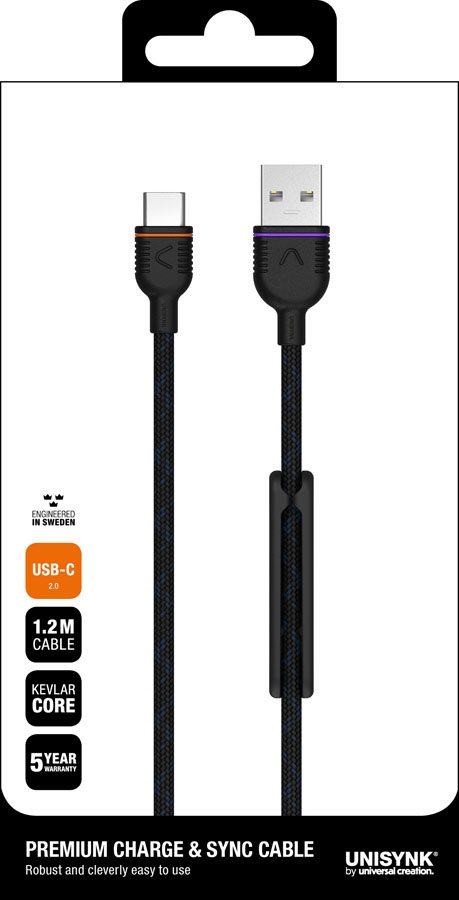 Unisynk Ladekabel USB-A til USB-C 1,2 m - Svart
