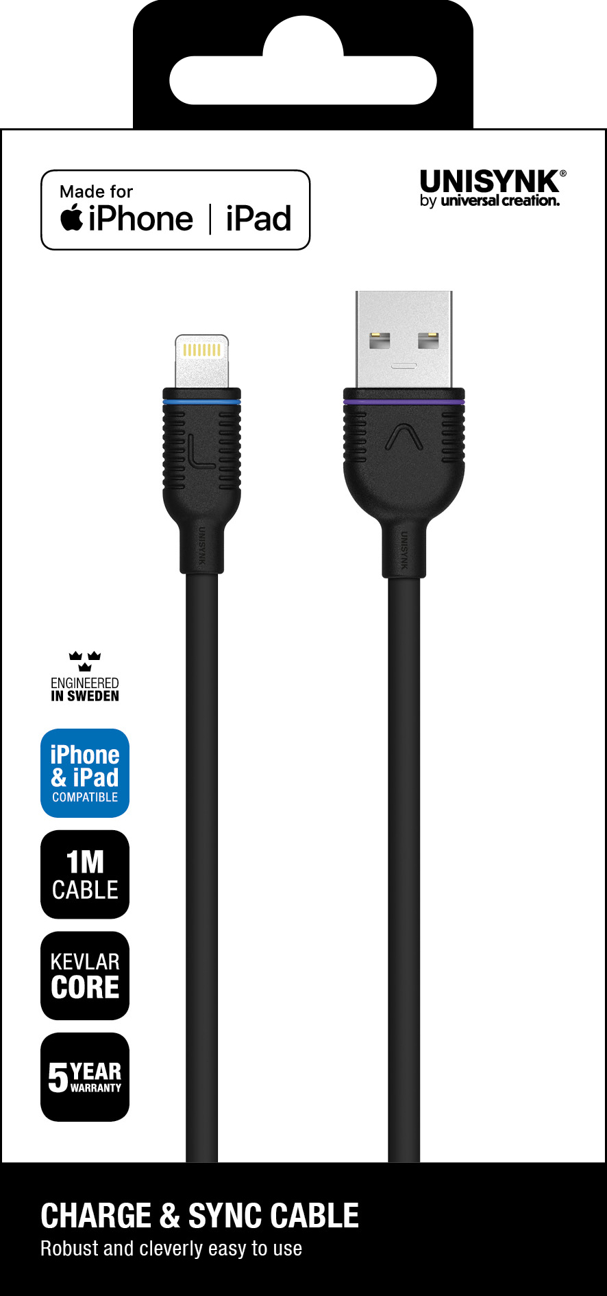 Unisynk Laddkabel USB-A till Lightning 1 m - Svart