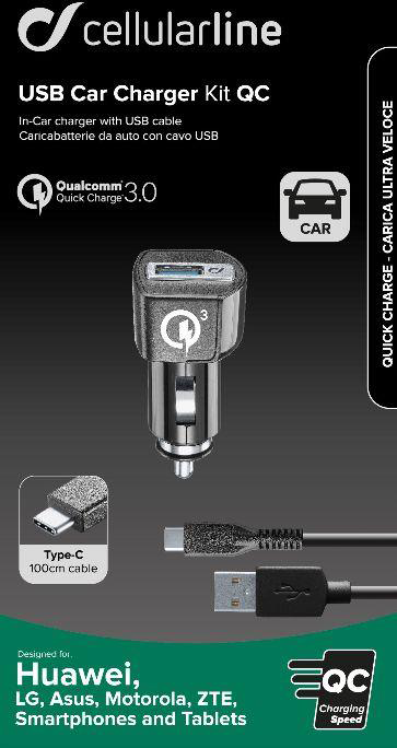 Cellularline Billaderpakke QC-adapter+USB-A til USB-C-kabel 1 m 18 W