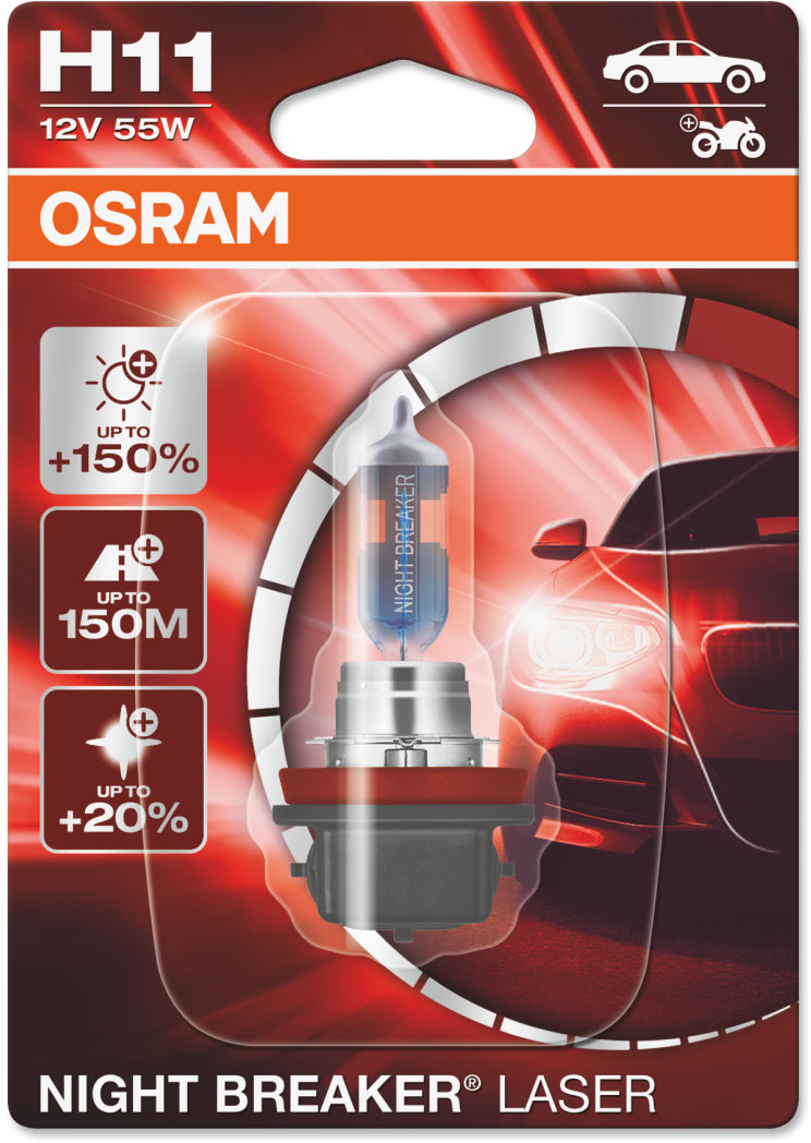 Osram Night Breaker Laser - Glödlampa H11 55W 12 V 1-pack - VW - Toyota - Ford - Renault - Audi - Mercedes - BMW - Peugeot