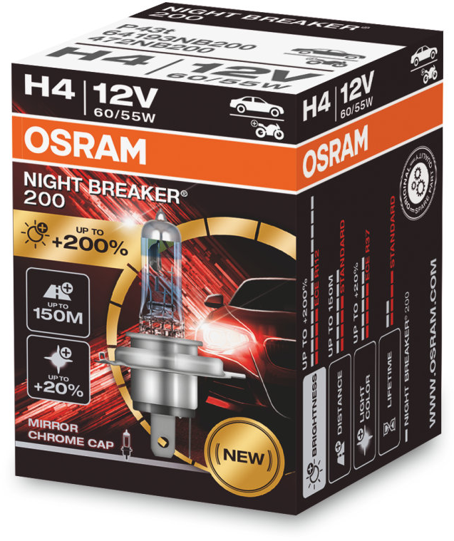 Osram Night Breaker 200 - Glödlampa H4 60W/55W 12 V 1-pack - VW - Toyota - Volvo - Ford - Renault - Skoda - Opel - Audi