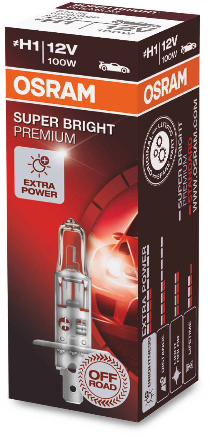 Osram Super Bright Premium - Glödlampa H1 100W 12 V 1-pack - Peugeot - 307. Citroen - C5. Honda - Crv