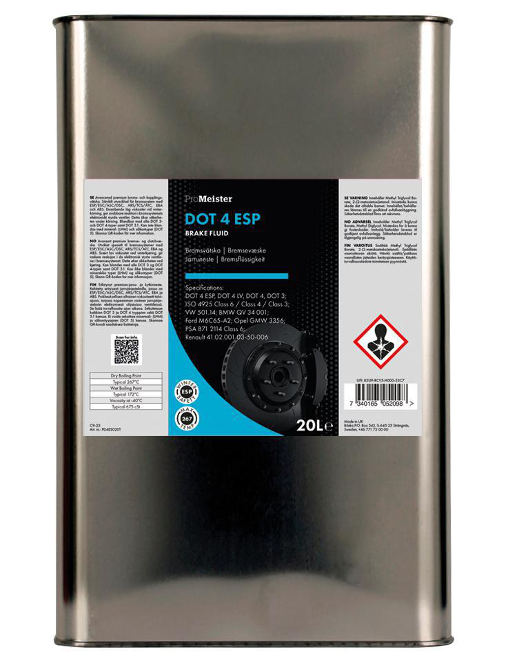 ProMeister Bremsevæske DOT 4 ESP - 20 l - Volvo - VW - Toyota - Ford - BMW - Audi - Renault - Peugeot