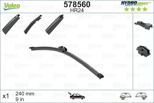 Torkarblad/Vindrutetorkare Valeo Hydroconnect HR24 - bakruta 1-pack - Renault - Opel - Mercedes - Peugeot - VW - Citroen - Mini - Ford