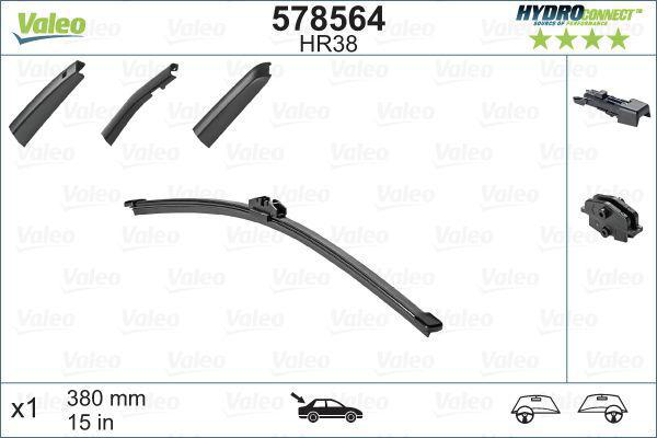 Torkarblad/Vindrutetorkare Valeo Hydroconnect HR38 - bakruta 1-pack - Volvo - Audi - VW - Seat - Land-rover - BMW