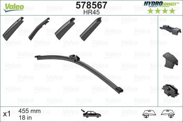 Torkarblad/Vindrutetorkare Valeo Hydroconnect HR45 - bakruta 1-pack - VW - T6 transporter, T5 transporter, Crafter, T5 transporter 4-motion. Man - Tge