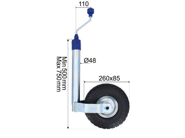 Støttehjul Ø48mm med stålfelg. Luftgummihjul 260x85mm. Load 136kg