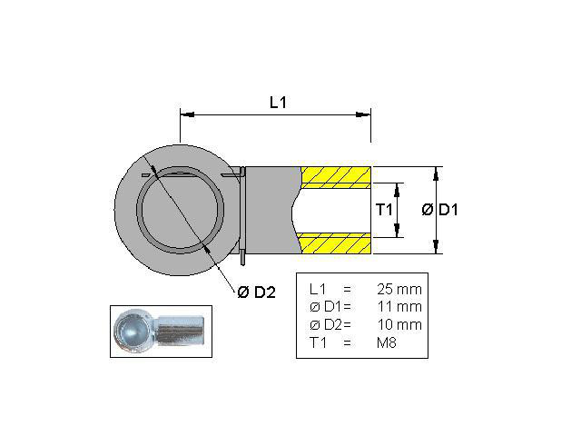Kuleholder, Metall; L=25; M8