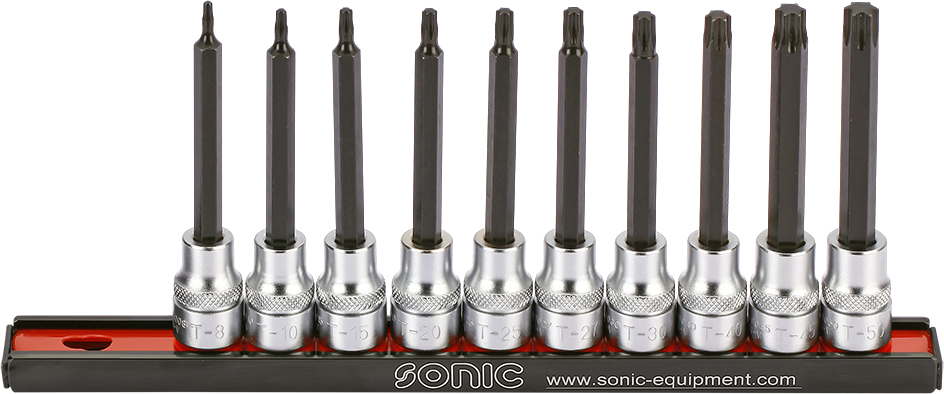 Hylssats 3/8" Torx T8-T50 90mm Långa Med Hållare 10-Delar Sonic