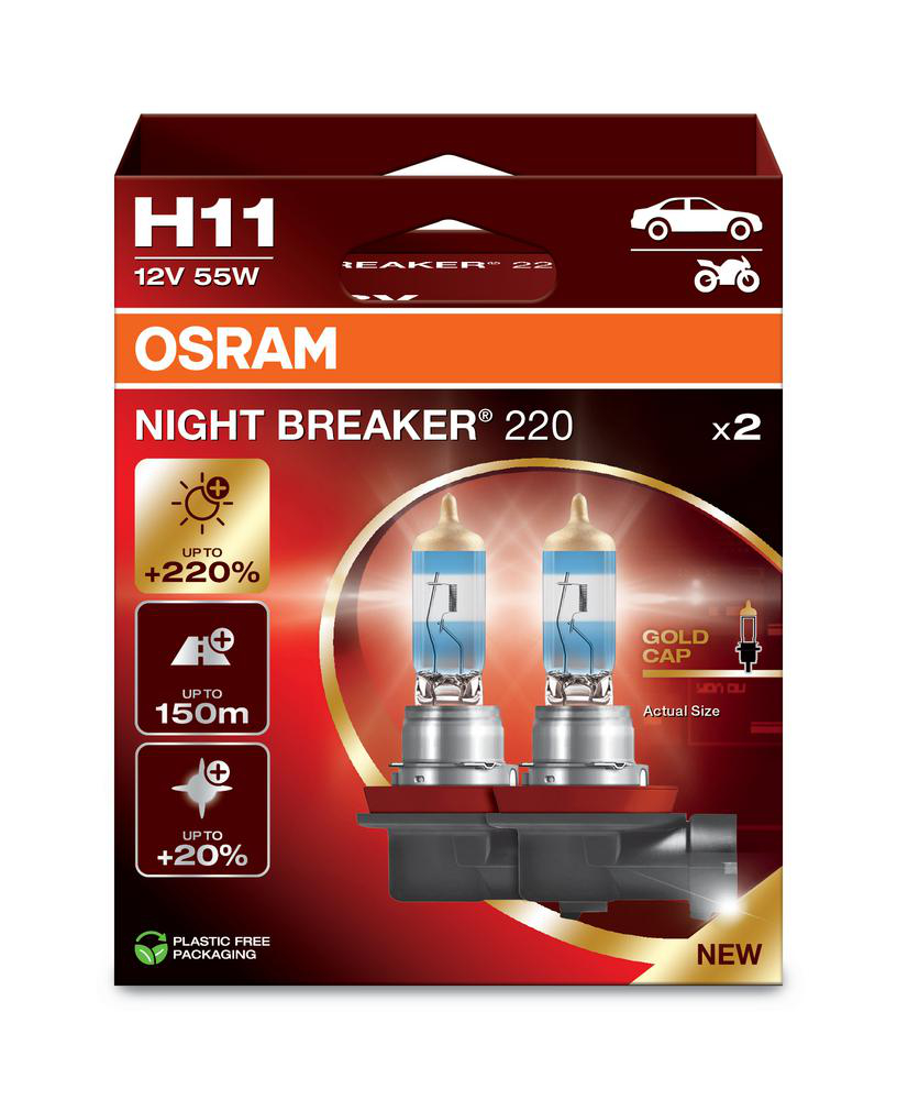 Halogenlampa H11 Night Breaker 220 (2-Pack) Osram - VW - Toyota - Ford - Renault - Audi - Mercedes - Opel - BMW