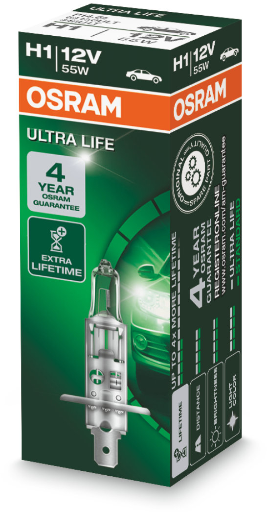 Osram Ultra Life - Glödlampa H1 55W 12 V 1-pack - Volvo - Ford - Renault - Peugeot - Saab - VW - Opel - Citroen