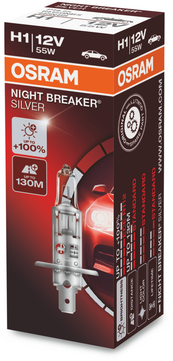 Osram Night Breaker Silver - Glödlampa H1 55W 12 V 1-pack - Volvo - VW - Ford - Renault - Peugeot - Audi - Saab - Opel