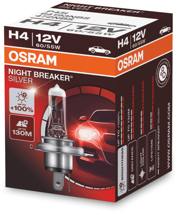 Osram Night Breaker Silver - Lyspære H4 60/55W 12 V 1-pakning - VW - Toyota - Renault - Ford - Volvo - Skoda - Opel - Audi