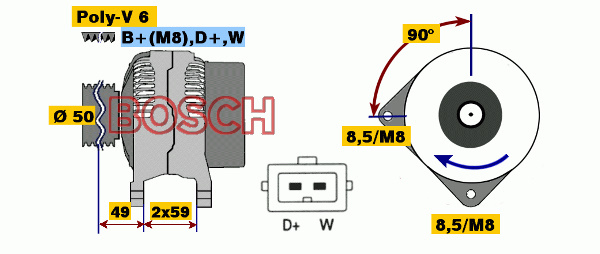Generator Bosch - VW - Passat, T4 transporter, Sharan, Golf iii, T4 transporter syncro, Vento, Corrado. Seat - Alhambra