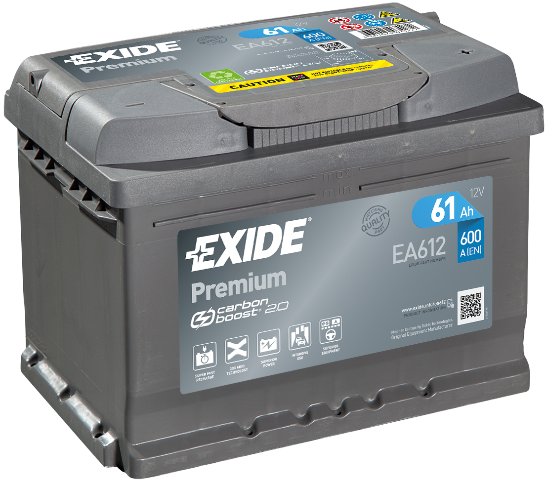 Exide Premium EA612 61 Ah - Bilbatteri / Startbatteri - VW - Ford - Renault - Opel - Audi - Nissan - Volvo - Mini