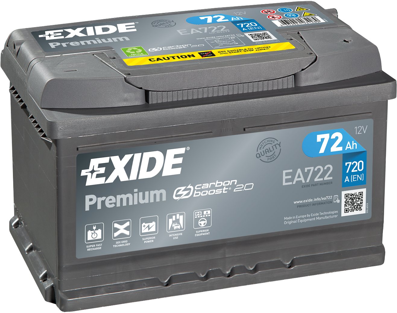 Exide Premium EA722 72 Ah - Bilbatteri / Startbatteri - Ford - Renault - VW - Opel - Volvo - BMW - Seat - Nissan