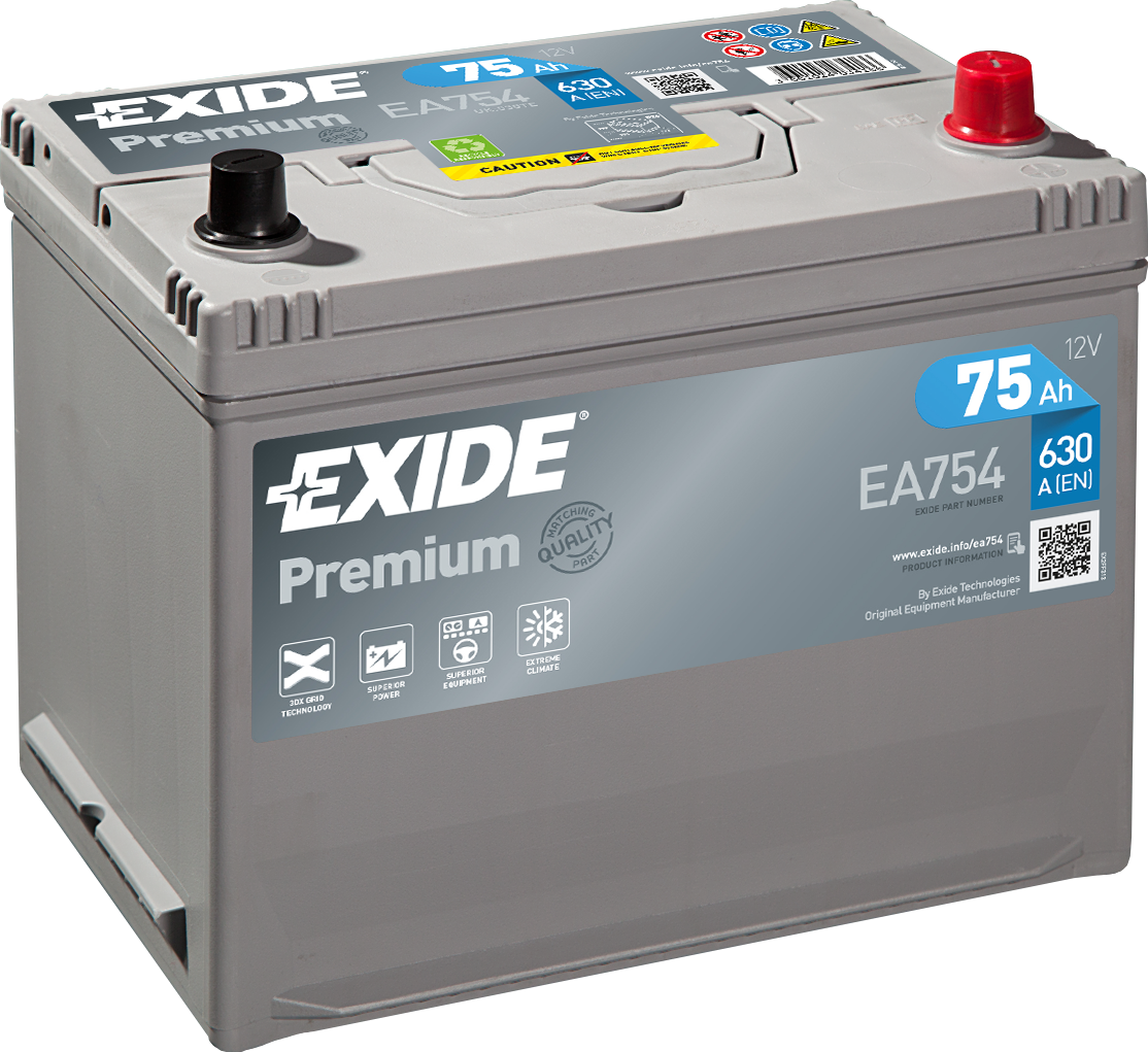 Exide Premium EA754 75 Ah - Bilbatteri / Startbatteri - Toyota - Hyundai - Subaru - Kia - Mazda - Mitsubishi - Renault - Nissan