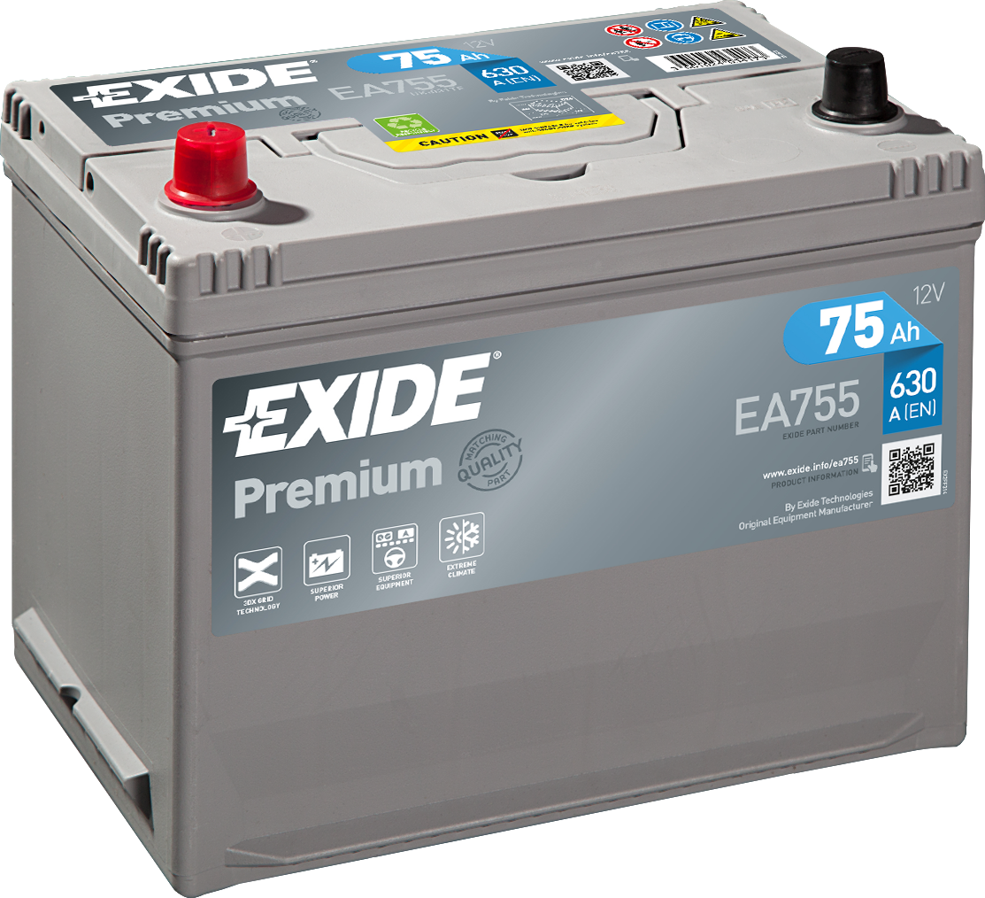 Exide Premium EA755 75 Ah - Bilbatteri / Startbatteri - Volvo - Mitsubishi - Kia - Saab - Subaru - Toyota - Mazda - Jeep