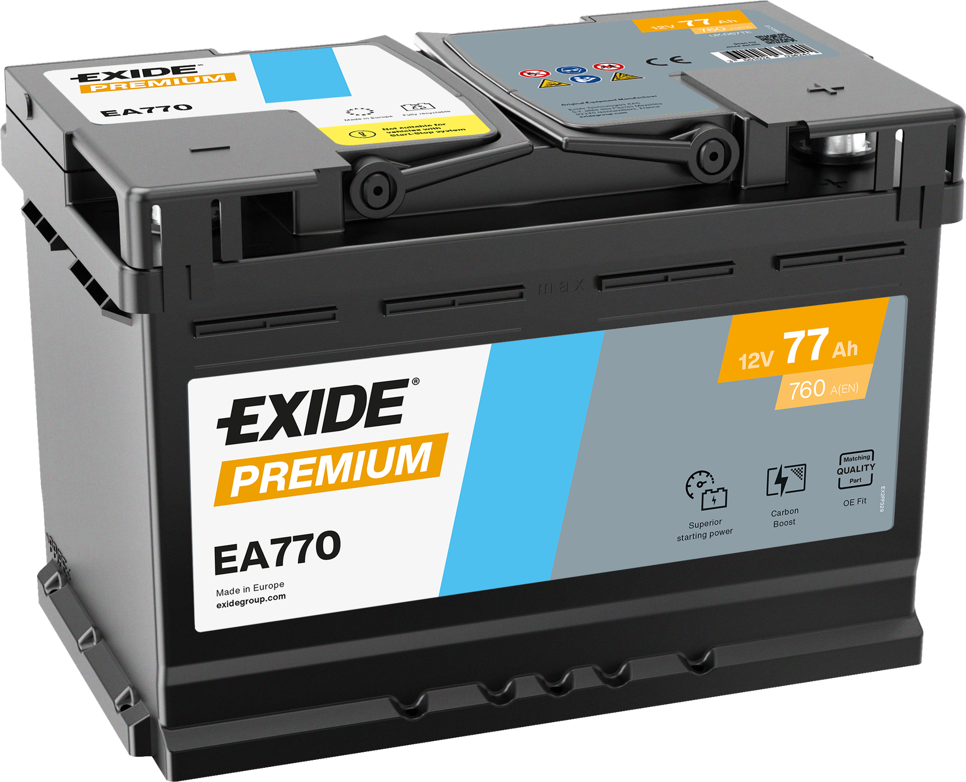 Exide Premium EA770 77 Ah - Bilbatteri | Startbatteri - Volvo - VW - Renault - Audi - Toyota - Skoda - Saab - Mercedes