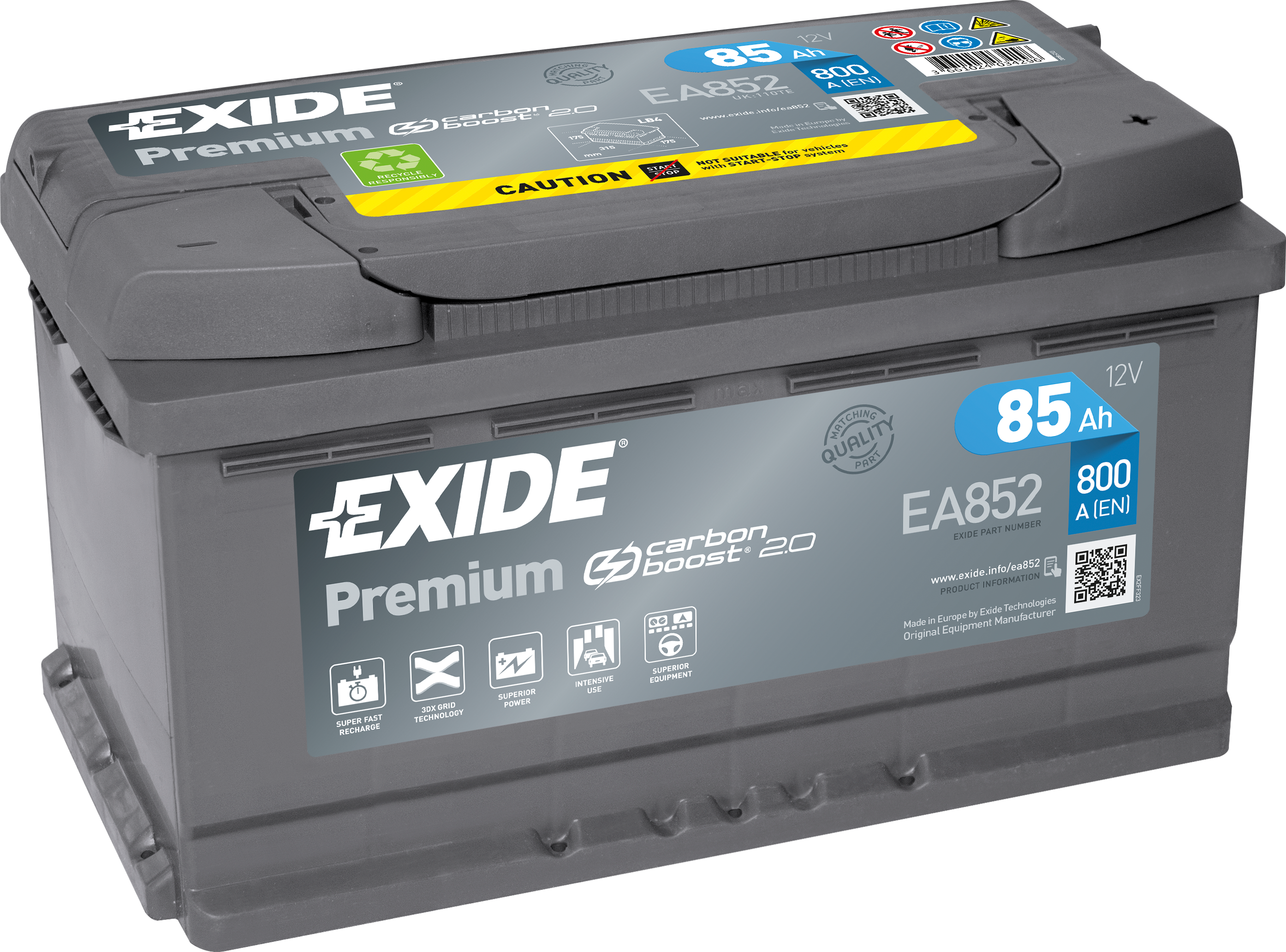 Exide Premium EA852 85 Ah - Bilbatteri / Startbatteri - Volvo - Ford - Saab - Toyota - Audi - BMW - Opel - Renault
