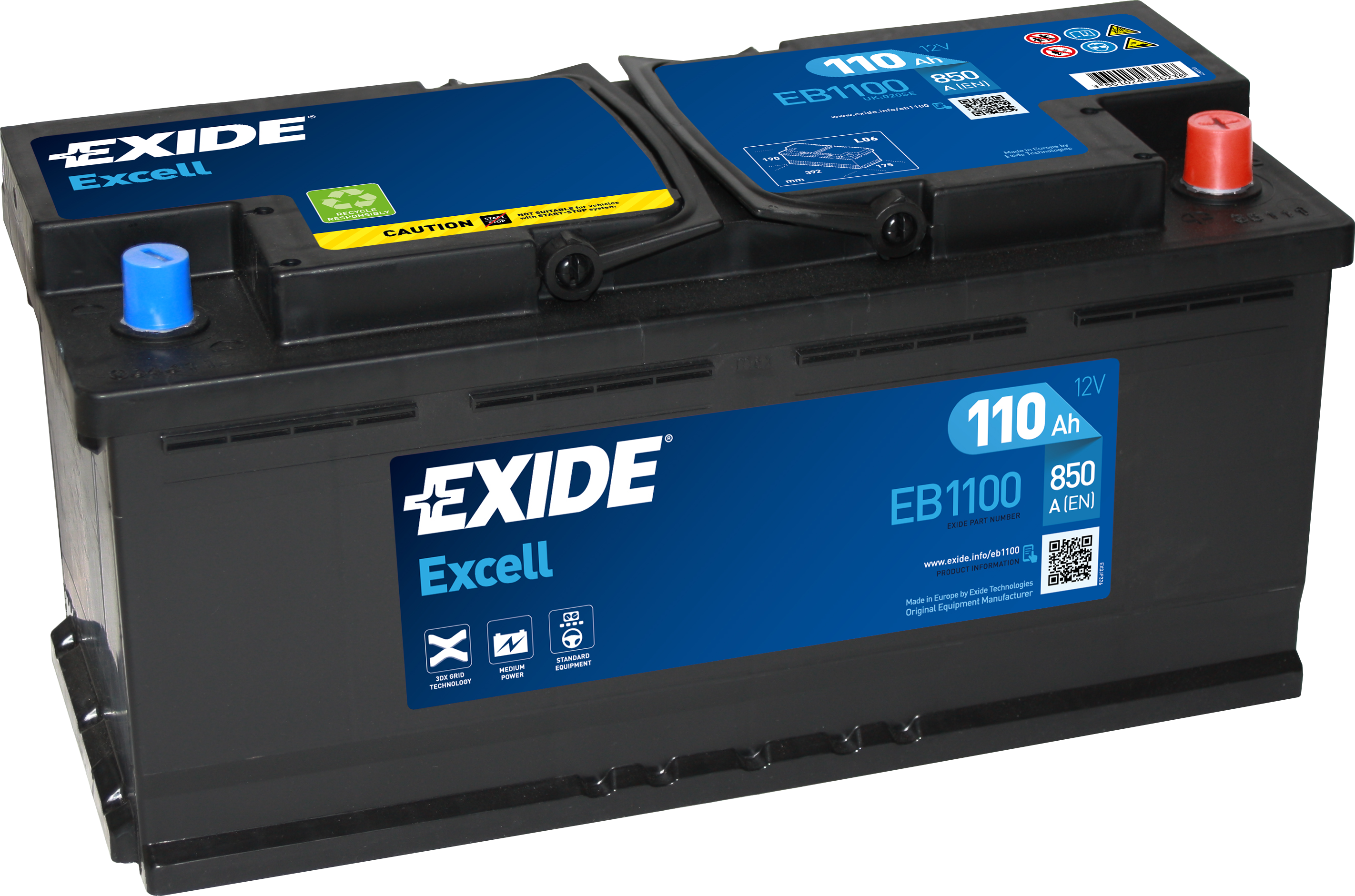Exide Excell EB1100 110 Ah - Bilbatteri / Startbatteri - Audi - Fiat - Renault - BMW - Iveco - Peugeot - Citroen - Porsche