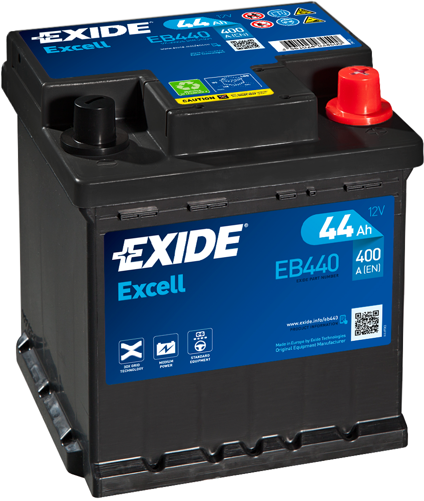 Exide Excell EB440 44 Ah - Bilbatteri | Startbatteri - VW - Toyota - Skoda - Ford - Peugeot - Opel - Fiat - Citroen