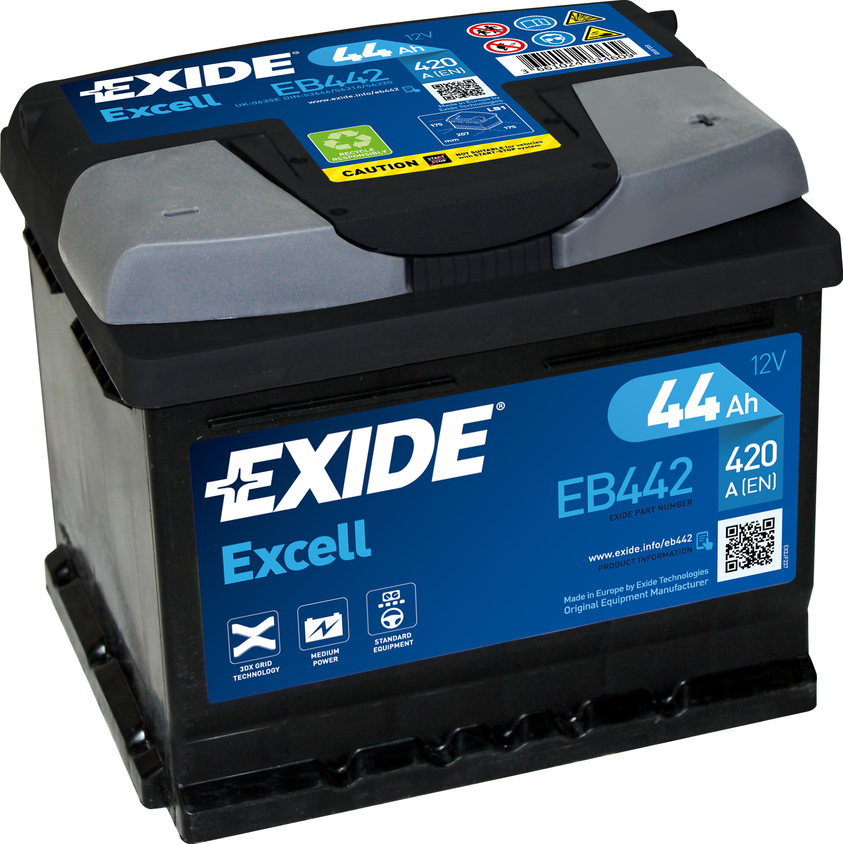 Exide Excell EB442 44 Ah - Bilbatteri / Startbatteri - VW - Toyota - Ford - Opel - Renault - Nissan - Suzuki - Seat