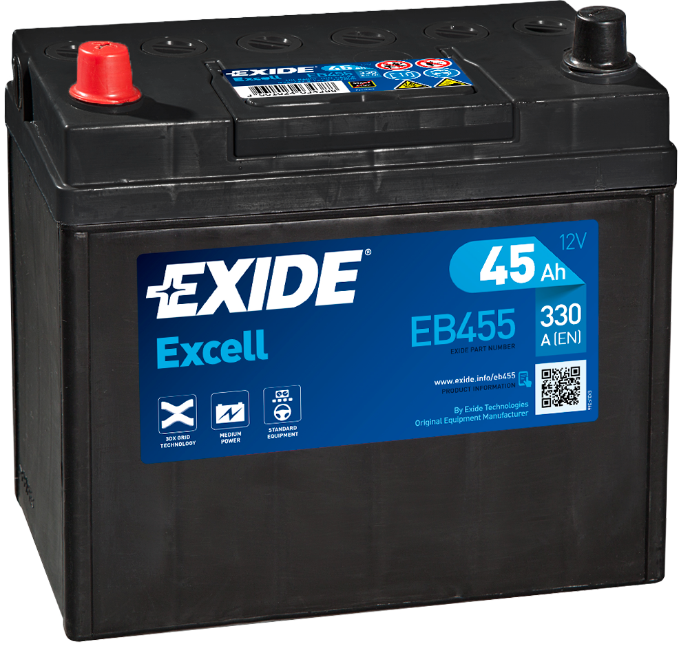 Exide Excell EB455 45 Ah - Bilbatteri / Startbatteri - Toyota - Honda - Mitsubishi - Suzuki - Lexus - Hyundai - Nissan - Rover