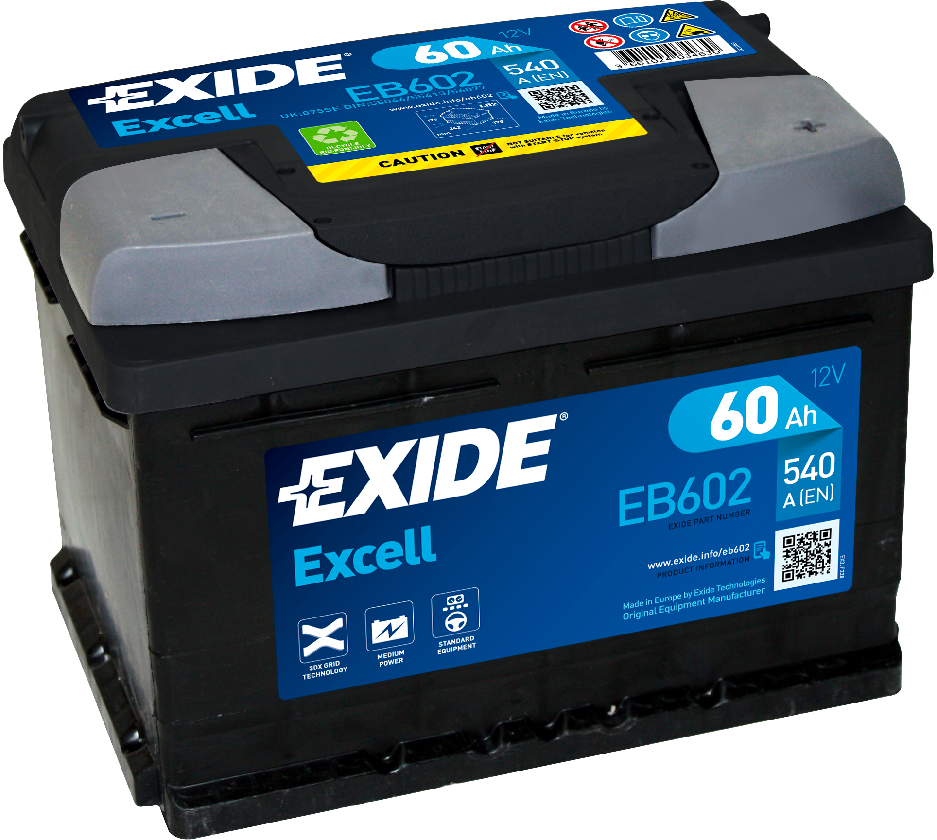 Exide Excell EB602 60 Ah - Bilbatteri / Startbatteri - Ford - Renault - Opel - VW - Nissan - BMW - Mazda - Suzuki