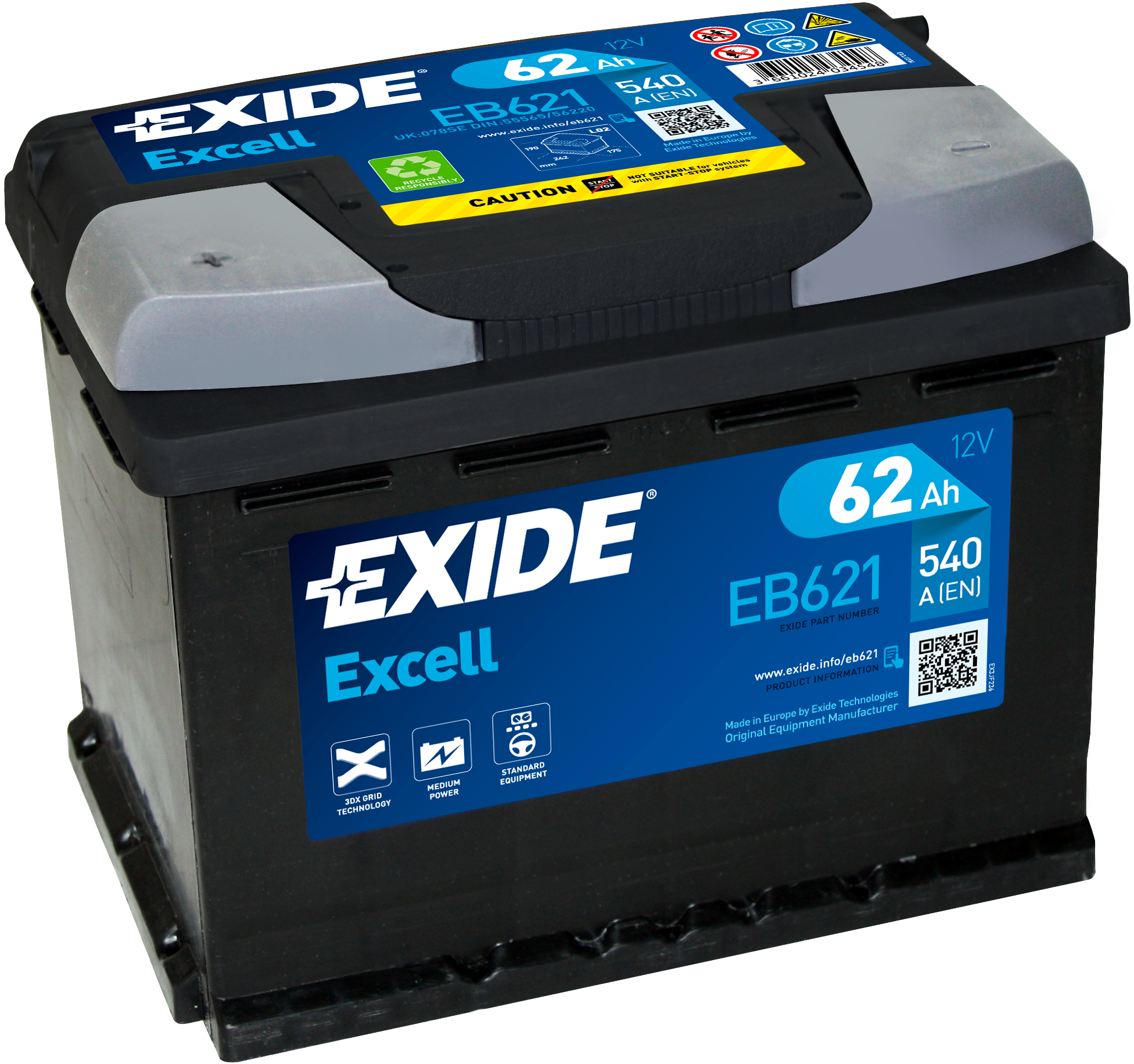 Exide Excell EB621 62 Ah - Bilbatteri / Startbatteri - Volvo - Kia - Chevrolet - Jeep - Chrysler - Pontiac - Lada - Nissan