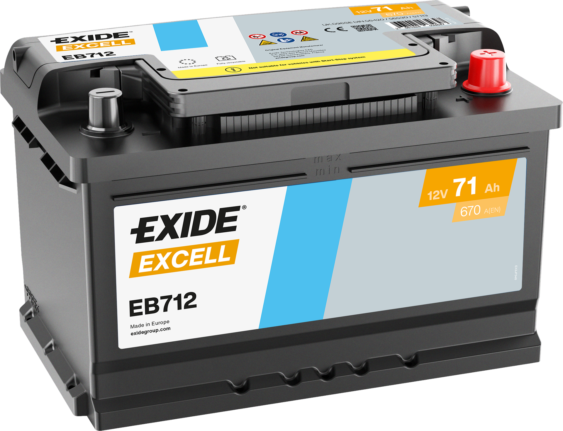 Exide Excell EB712 71 Ah - Bilbatteri | Startbatteri - Ford - VW - Opel - Renault - Volvo - Audi - BMW - Seat
