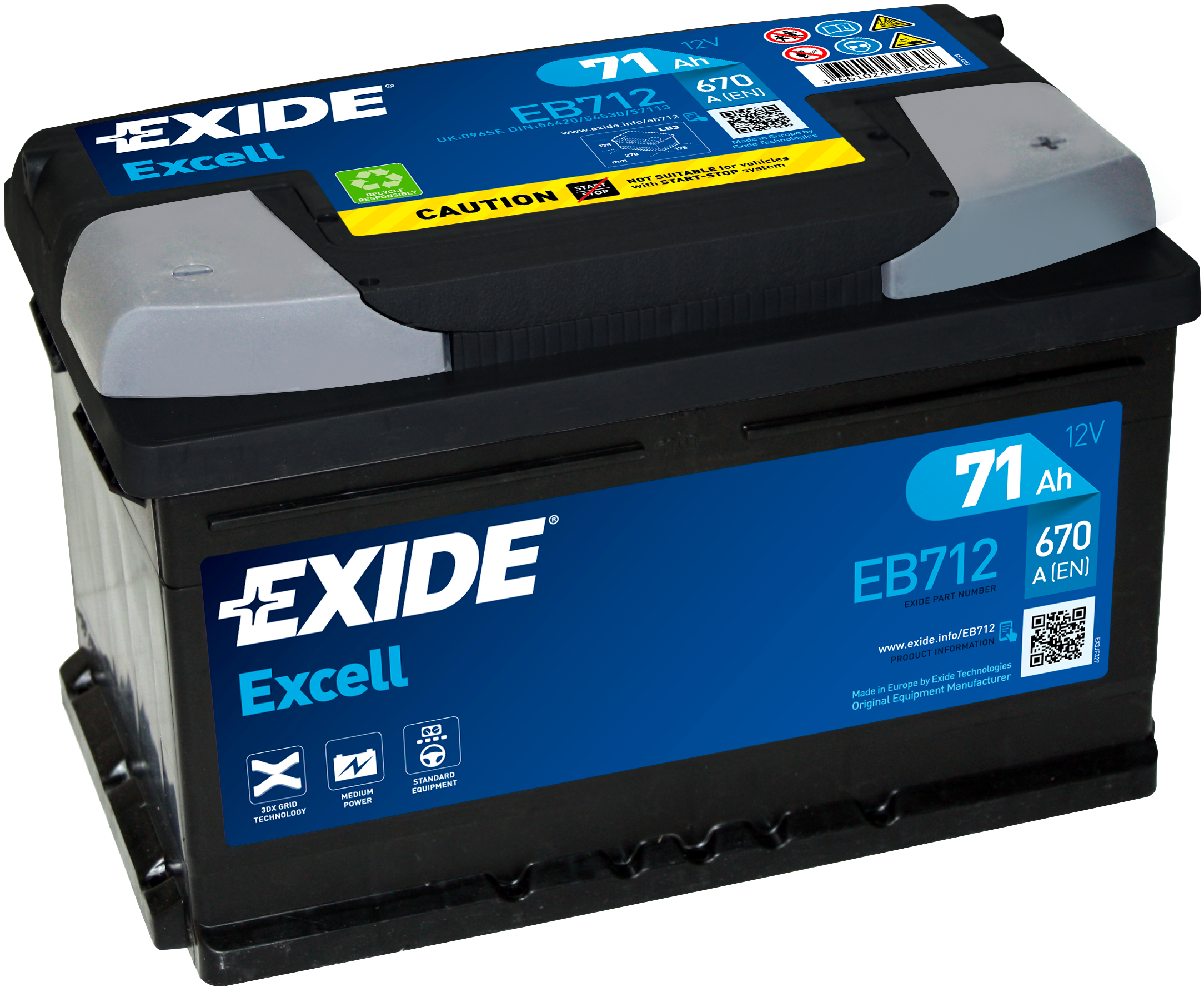 Exide Excell EB712 71 Ah - Bilbatteri / Startbatteri - Ford - VW - Opel - Renault - Volvo - Audi - BMW - Seat