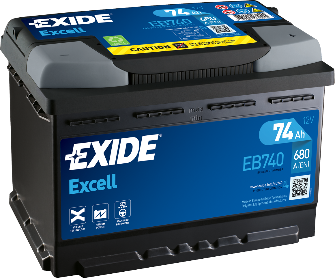 Exide Excell EB740 74 Ah - Bilbatteri / Startbatteri - Volvo - VW - Renault - Toyota - Audi - Skoda - Saab - Peugeot