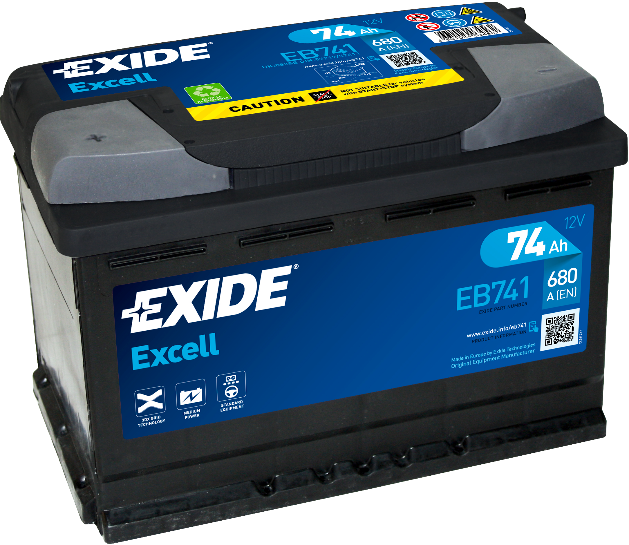 Exide Excell EB741 74 Ah - Bilbatteri / Startbatteri - Fiat - Toyota - Jeep - Kia - Chrysler - Chevrolet - Ford - Nissan