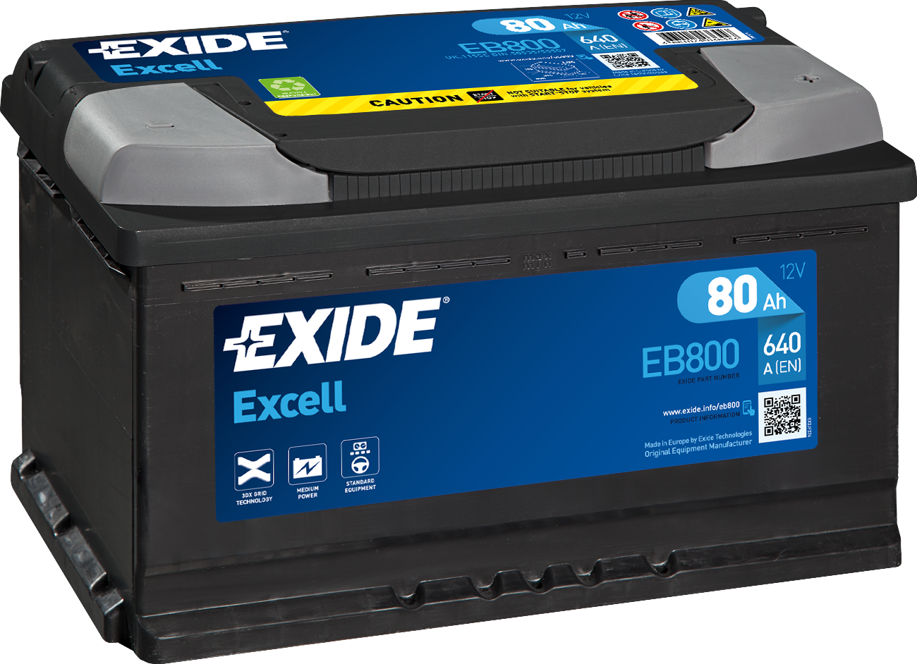 Exide Excell EB800 80 Ah - Bilbatteri / Startbatteri - VW - Volvo - Audi - Fiat - Toyota - Opel - Renault - BMW