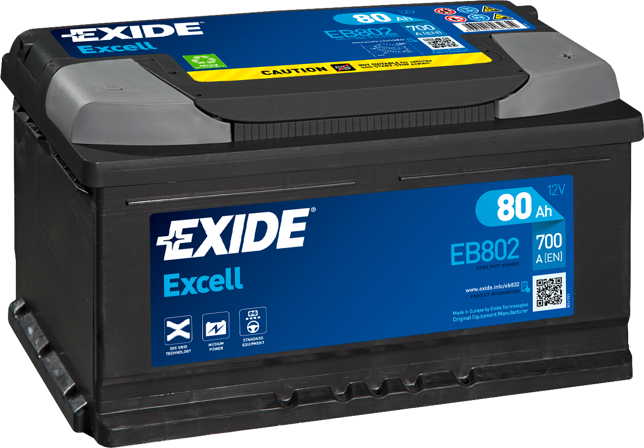 Exide Excell EB802 80 Ah - Bilbatteri / Startbatteri - Volvo - Ford - VW - Toyota - BMW - Opel - Saab - Mercedes