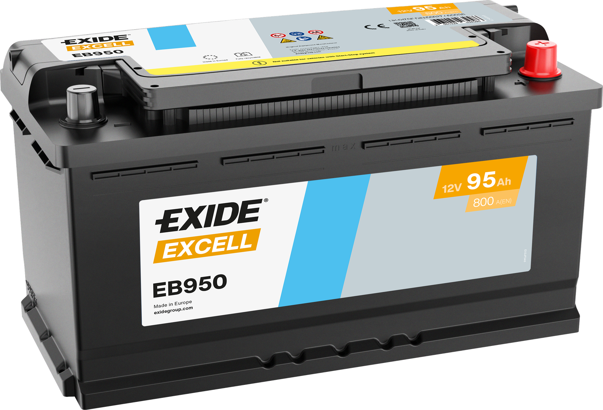 Exide Excell EB950 95 Ah - Bilbatteri | Startbatteri - Volvo - Audi - VW - Mercedes - BMW - Fiat - Saab - Renault
